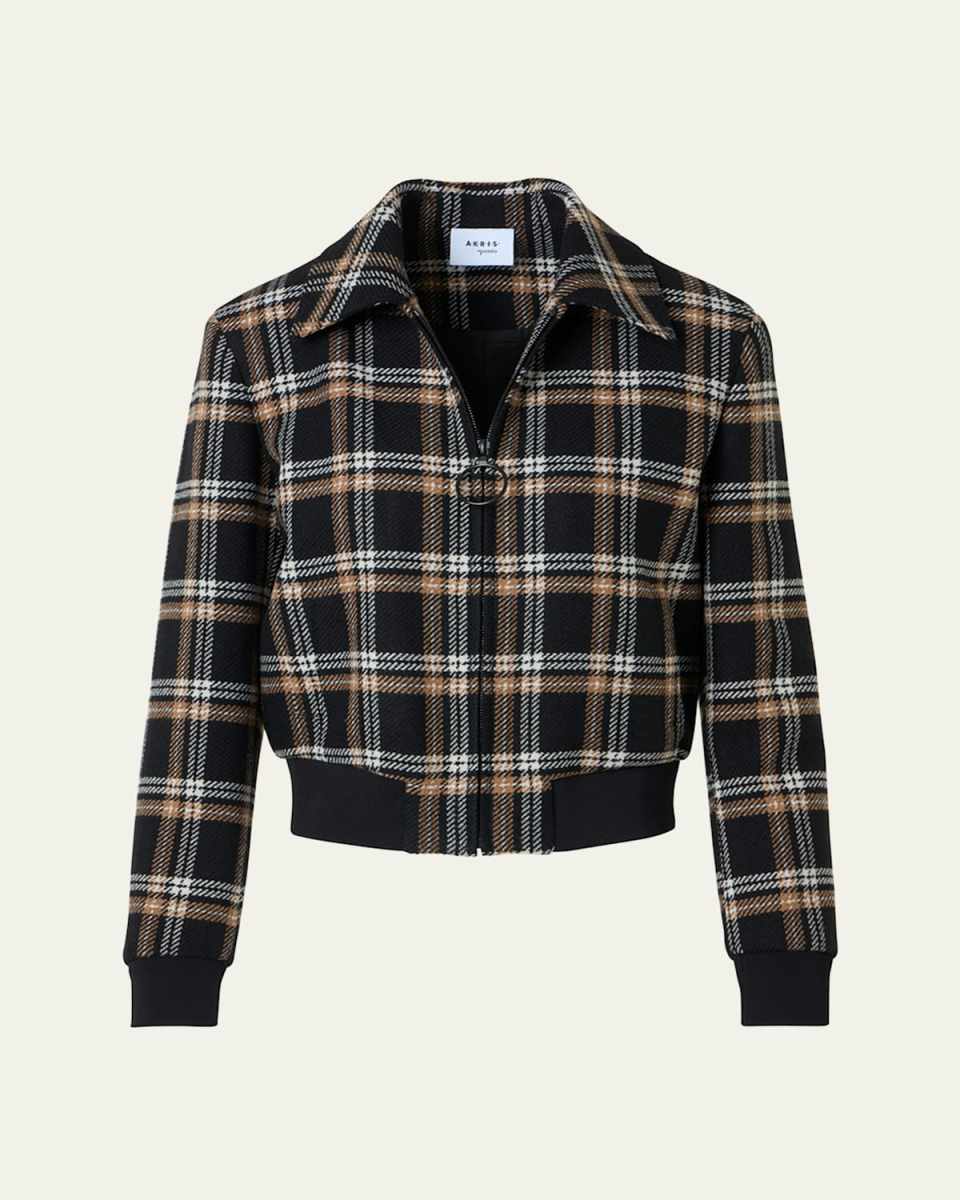 Plaid Wool Tricotine Tweed Short Bomber Jacket